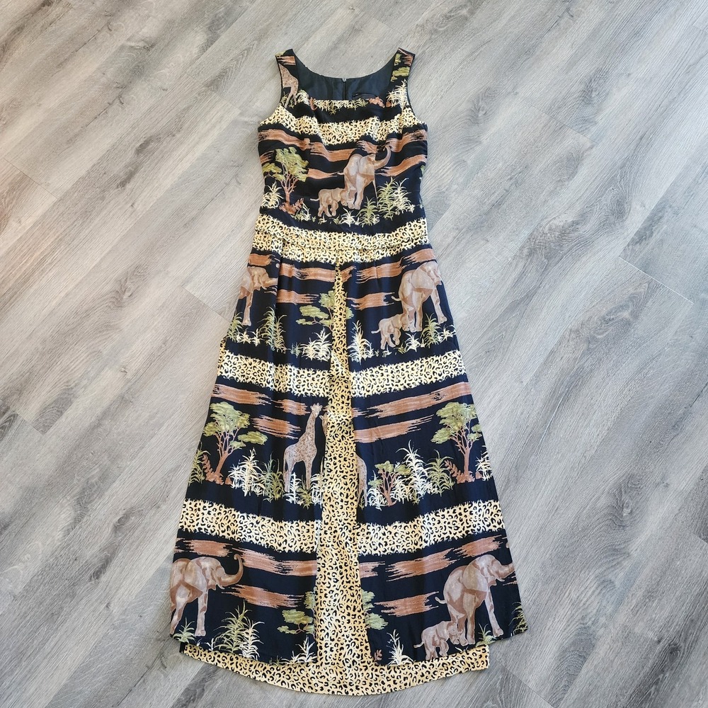 Vintage 90s Safari Maxi Dress S 6 Elephant Leopard Giraffe Mob Layered Phoebe - Picture 11 of 16